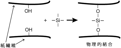 シロキサン結合の概念図。紙繊維の水酸基の水素部分にケイ素が仲立ちとして入り込む